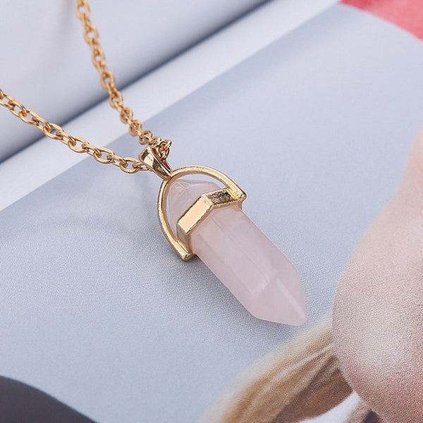 Women's Opal Quartz Pendants Necklaces Set Fashion Natural Stone Bullet Pink Crystal Choker Gold Necklace For Women Jewelry