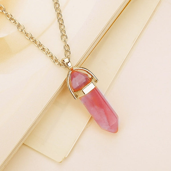 Women's Opal Quartz Pendants Necklaces Set Fashion Natural Stone Bullet Pink Crystal Choker Gold Necklace For Women Jewelry