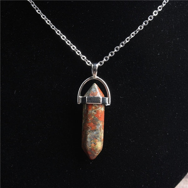 Hexagonal Stainless Steel Necklace Natural Crystal Pendant Stone Pendant Leather Necklace Men's and Women's Fashion Jewelry Amulet Increases Crystal Energy