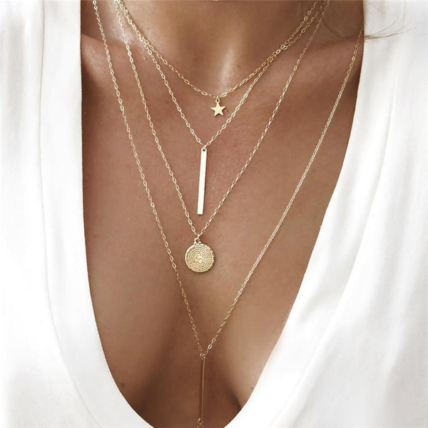 New Bohemian Women's Necklace Retro Multilayer Pendant Necklace Gold Star Necklace Gift Fashion Street Shoot Necklace Jewelrys