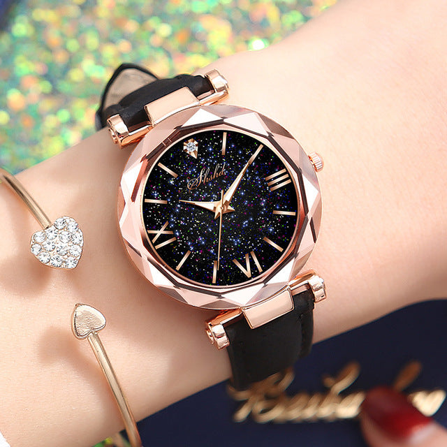 Women Watch Fashion Leather Band Ladies Quartz Wrist Watch Starry Sky Round Dial Roman Number Rhinestone Leather Band Watch