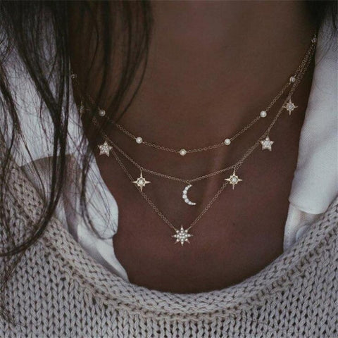 ALYXUY Boho Multilayer Shiny Crystal Stars Moon Bead Necklace Women's Vintage Layered Gold Necklace Fashion Jewelry Party Gift