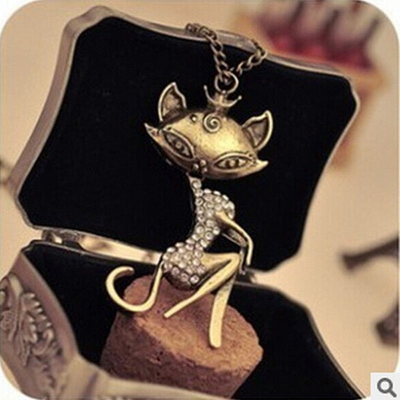 Women's Fashion Rhinestone Crystal Retro Elegant Cat Long Sweater Chain Pendant Women Necklace Jewelry ND84