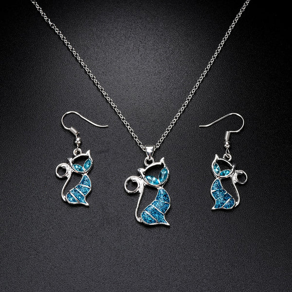 1PC Trendy Cute Cat Pendant Blue Opal Necklace Fashion Women's Animal Trendy Jewelry For Ladies Girls Christmas Gift