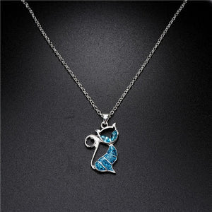 1PC Trendy Cute Cat Pendant Blue Opal Necklace Fashion Women's Animal Trendy Jewelry For Ladies Girls Christmas Gift