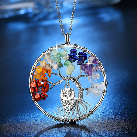 Beiver 100% Handmake Multi-color Natural Stones and Minerals Life Tree and Cute Owl Necklace Women's Fashion Wedding Jewelry