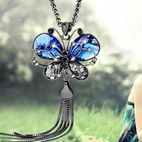 New Arrival Hot  Women's Butterfly Pendant Tassels Rhinestone Long Sweater Chain Necklace Jewelry Fashion Leader' Choice