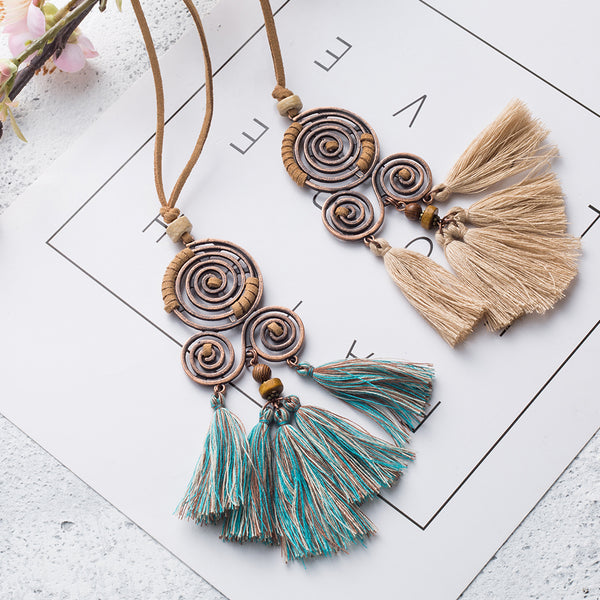 Women's vintage long tassel pendant necklace Bohemian ethnic geometric fringed leather rope chain necklaces Charm jewelry 2019